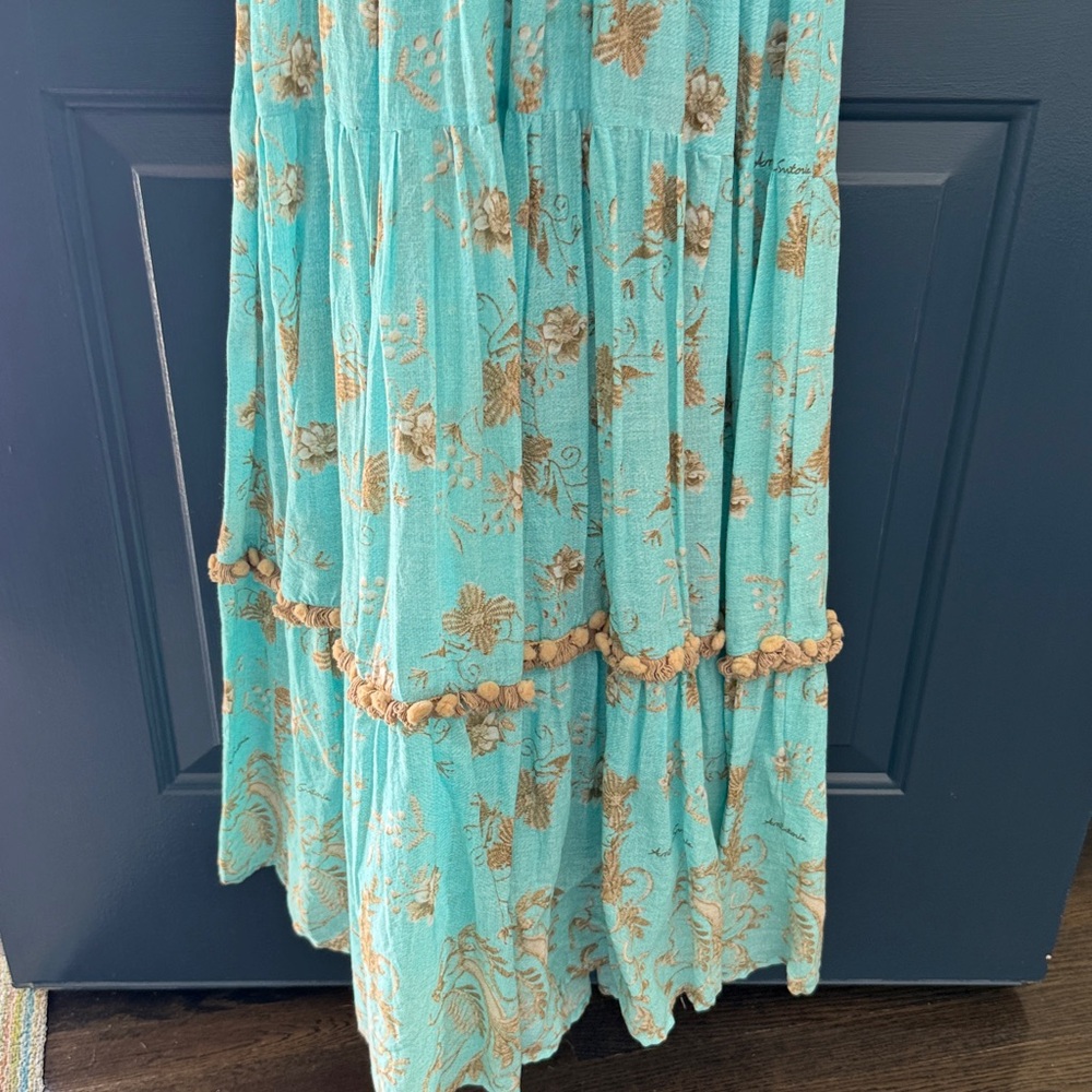 Bohemian Leoni Al Sole by Giacono Cirque Turquoise Beaded Maxi Dress w/ Pom Poms - Picture 9 of 14